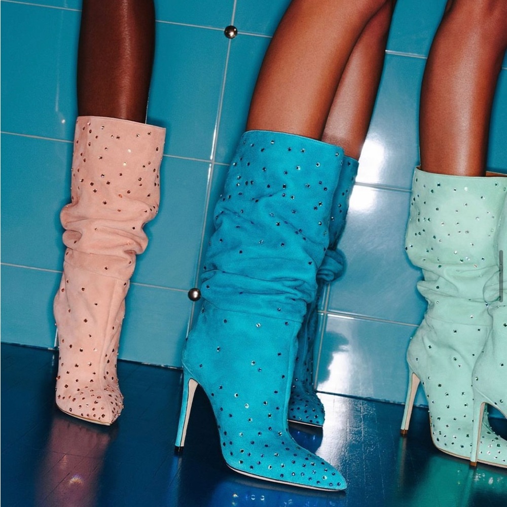 PARIS TEXAS Sea Green Crystal Studded Boots - NEW